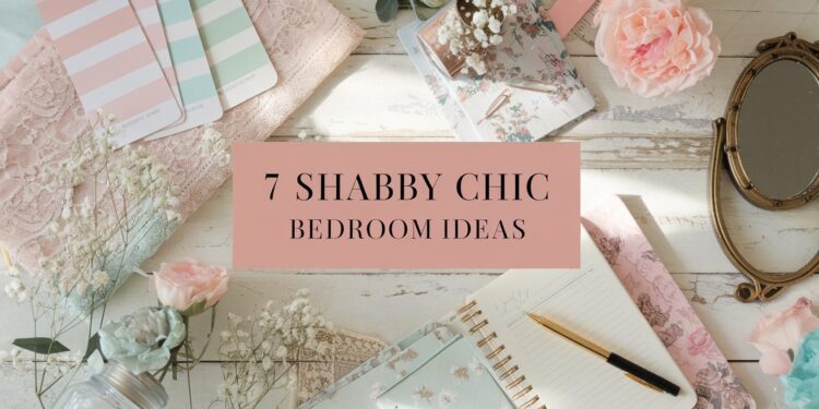A flat-lay of shabby chic decor items showcases lace fabric, pastel swatches, flowers, a vintage mirror, and a floral notebook with a pen. In the center, text reads 7 Shabby Chic Bedroom Ideas for transforming your space into a cozy retreat.