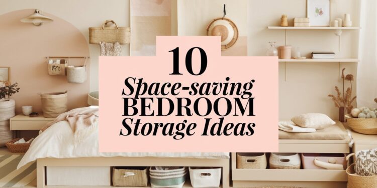 A cozy bedroom featuring clever storage ideas like under-bed drawers, wall shelves, and woven baskets. The pastel color palette enhances its serene vibe. Text overlay reads, 10 Space-Saving Bedroom Storage Ideas.
