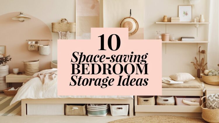A cozy bedroom featuring clever storage ideas like under-bed drawers, wall shelves, and woven baskets. The pastel color palette enhances its serene vibe. Text overlay reads, 10 Space-Saving Bedroom Storage Ideas.