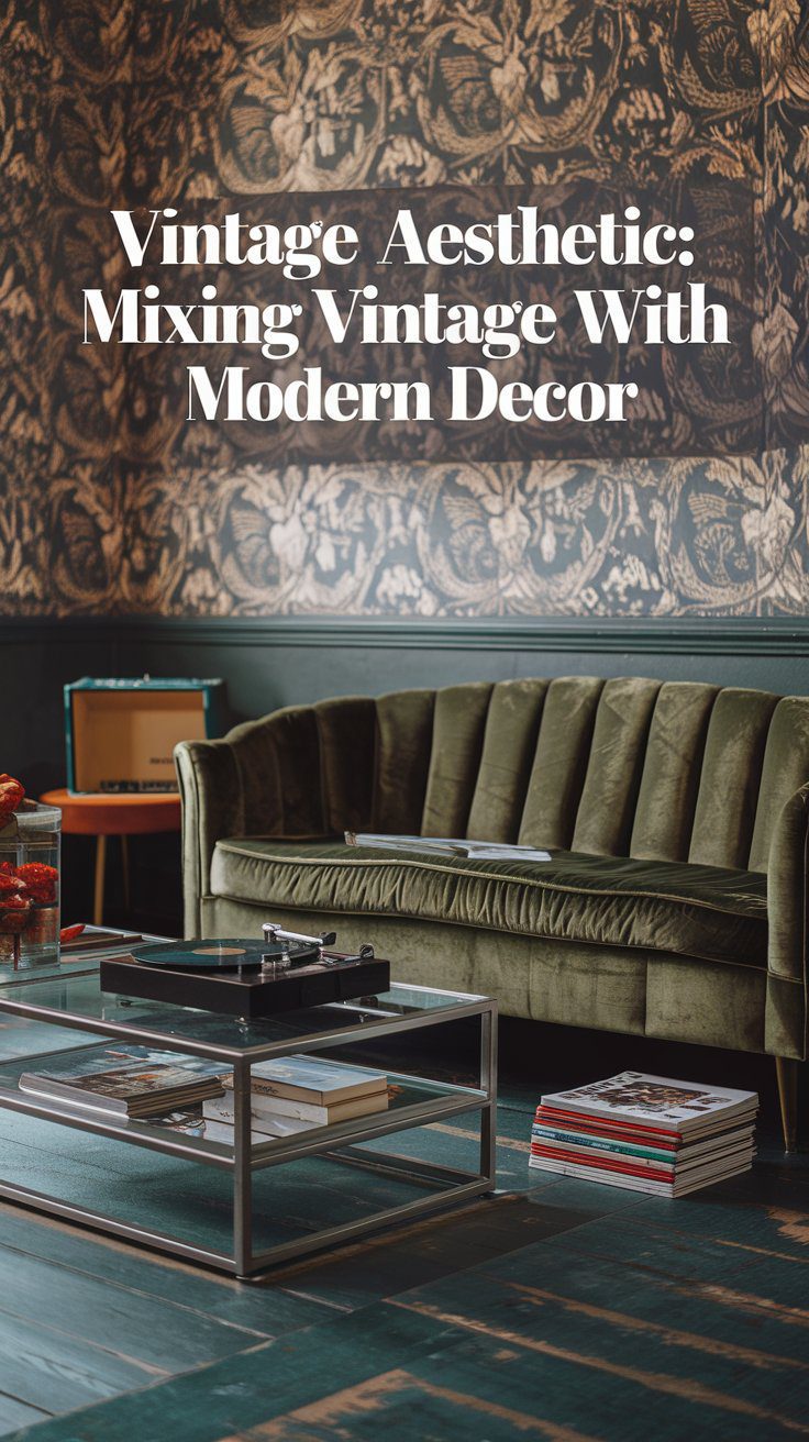 A vintage-style living room with a green velvet sofa, a floral-patterned wallpaper, and a retro record player. A modern glass coffee table with books adds a mix of contemporary decor. Text overlay reads, Vintage Aesthetic: Mixing Vintage With Modern Decor.
