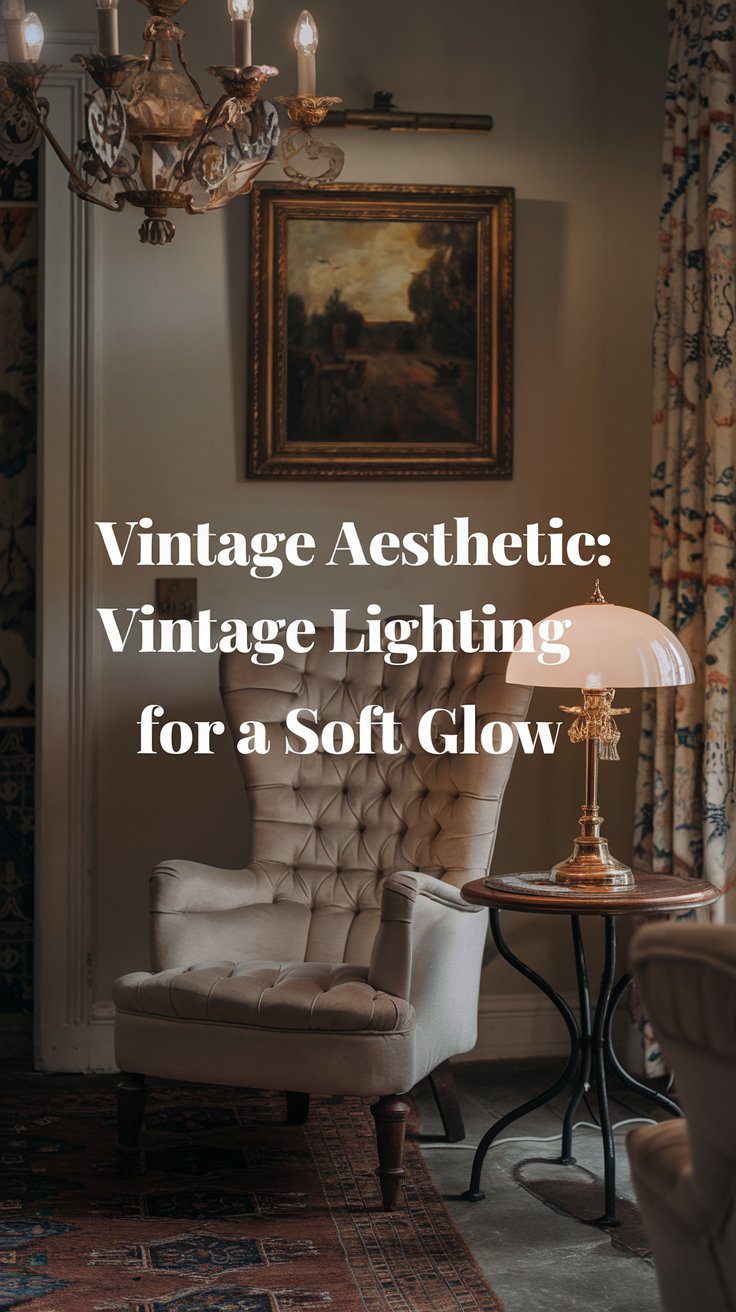 A cozy room with a vintage aesthetic, featuring a tufted armchair, a side table with a lamp, a painting on the wall, and elegant curtains. Text overlay reads, Vintage Aesthetic: Vintage Lighting for a Soft Glow.