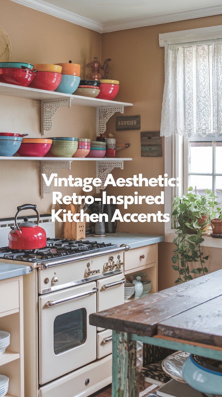 A vintage-inspired kitchen with a cream-colored stove and open shelves displaying colorful pots and bowls. A red kettle sits on the stove, and a potted plant is on the window sill. Text reads Vintage Aesthetic Retro-Inspired Kitchen Accents.