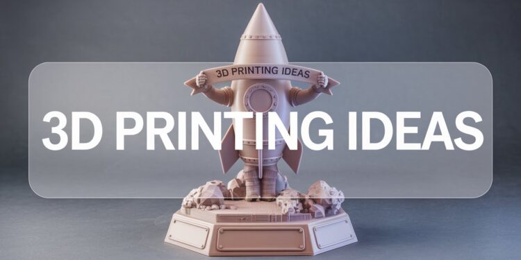 A model rocket emblazoned with 3D PRINTING IDEAS ascends against a dark backdrop, symbolizing the launch of innovative projects and the ignition of creativity in 3D printing.