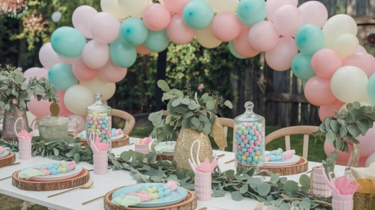 A festive outdoor party table setup with pastel pink, blue, and white balloons forming an arch. The table is adorned with glass jars filled with colorful candies, green foliage, and pink napkins under clear skies.
