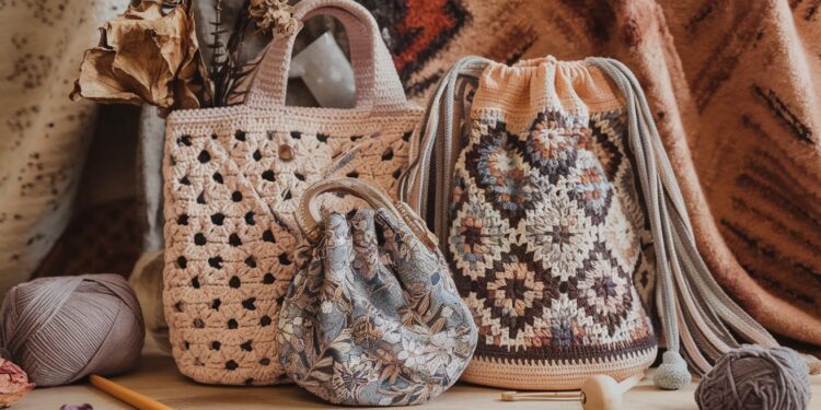 A display of three handcrafted bags in various crochet and woven designs on a wooden surface. Yarn balls, crochet needles, and dried flowers are scattered around, with patterned fabric in the background.