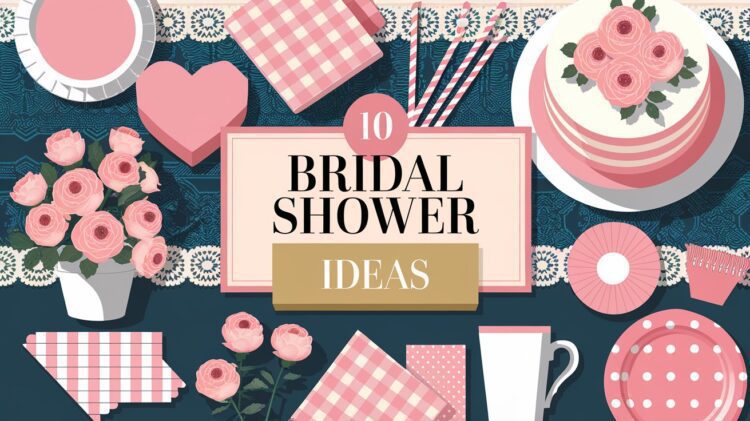 Explore the enchanting world of bridal showers with our creative guide featuring a captivating flat lay illustration. This theme beautifully showcases essentials like a cake, roses, and heart-shaped gift boxes, all adorned with elegant pink and gold accents. Discover 10 Bridal Shower Ideas to inspire an unforgettable celebration with stylish plates, cups, napkins, and straws completing the picture-perfect setup.