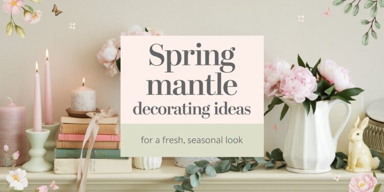 A serene spring-themed mantle display featuring candles, stacked books, peonies in a white pitcher, a small rabbit figurine, and floral decorations. Text overlay reads Spring mantle decorating ideas for a fresh, seasonal look.
