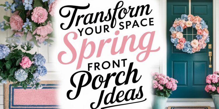 A colorful collage featuring floral arrangements, a pink and blue doormat, and a teal door adorned with a wreath of pink, blue, and white flowers. Text reads, Transform Your Space: Spring Front Porch Ideas.