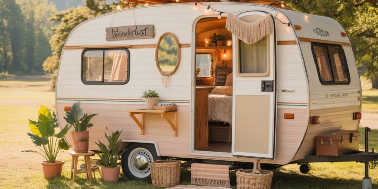 A stylish trailer adorned with lush plants, patterned rugs, and soft lighting creates a warm boho retreat. The welcoming space, marked by a Wanderlust sign and surrounded by sunlit trees, exudes comfort and adventurous spirit.
