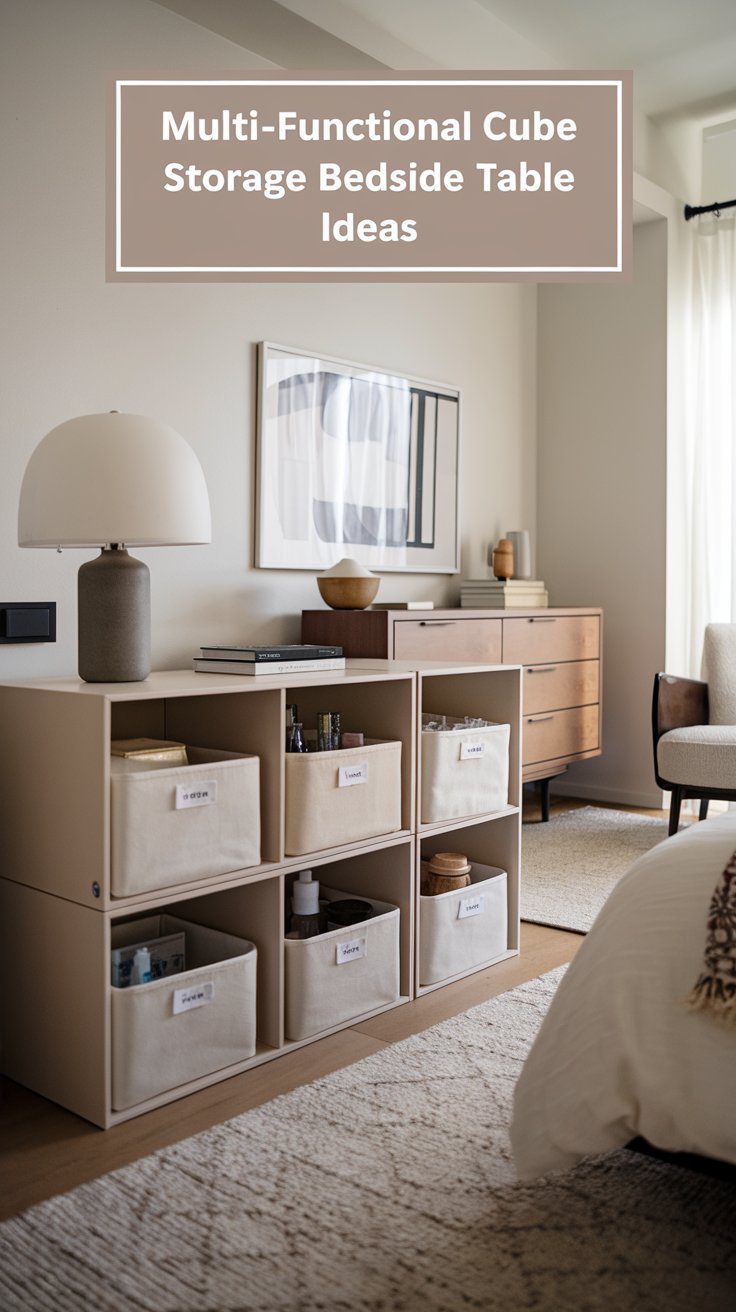A modern bedroom exudes style and functionality with a cube storage bedside table, where fabric bins hold books and decor. A lamp and framed artwork grace the tabletop, while soft natural light accentuates the rooms neutral palette and textured rug, creating an inviting atmosphere.