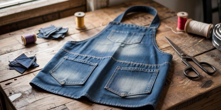 A stylish denim apron, crafted from upcycled jeans and featuring handy front pockets, sits amid sewing supplies on a rustic wooden table—offering fresh inspiration for creative jean repurposing projects.