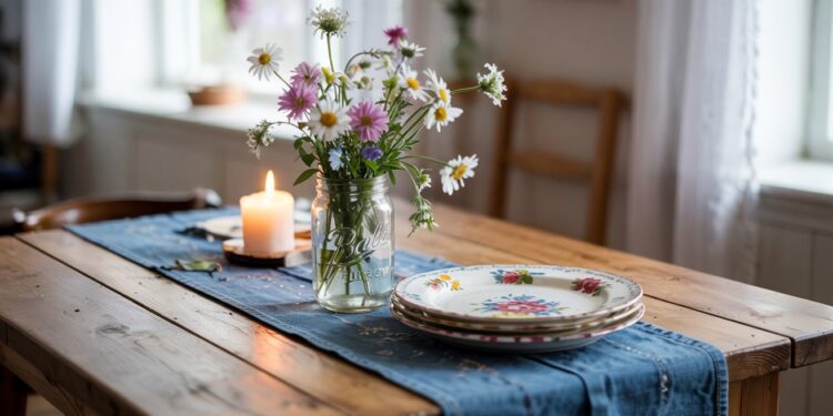A sunlit, cozy room is warmed by farmhouse decor, featuring a wooden table adorned with floral plates, wildflowers, and a DIY table runner for inviting rustic charm.