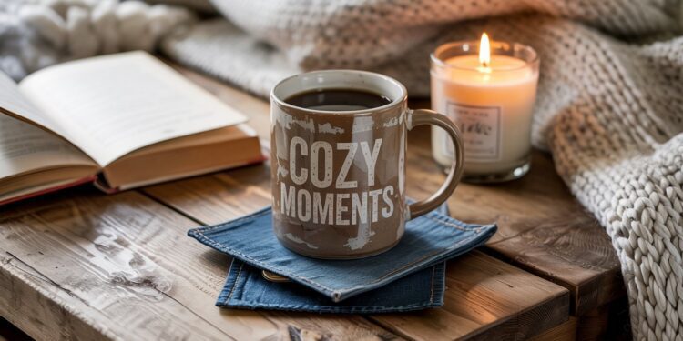 A mug labeled COZY MOMENTS rests on handmade denim coasters beside a glowing candle and an open book, all set atop a wooden table with a knitted blanket in the background—inviting you into a scene of warmth, comfort, and relaxation.