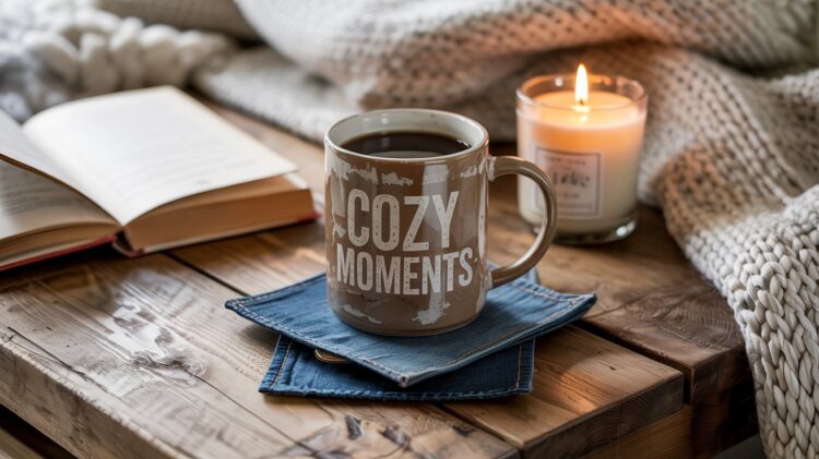 A mug labeled COZY MOMENTS rests on handmade denim coasters beside a glowing candle and an open book, all set atop a wooden table with a knitted blanket in the background—inviting you into a scene of warmth, comfort, and relaxation.