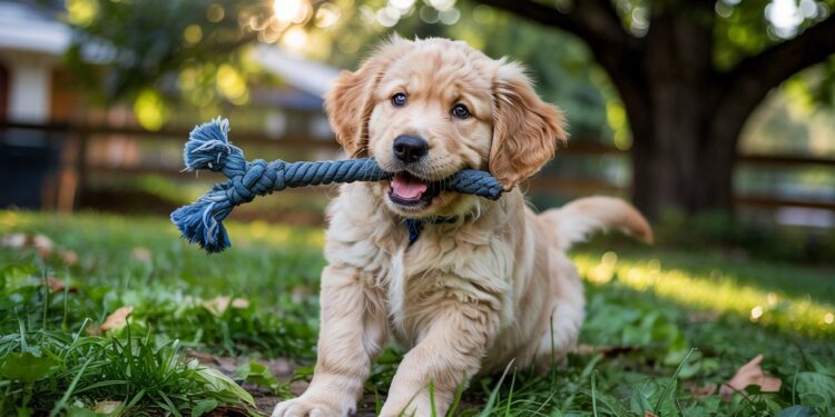 A golden retriever puppy enjoys a sunny day outdoors, playfully chewing on a homemade denim toy amid a warm and cheerful setting.