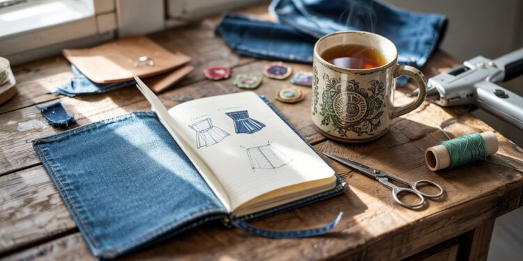 Bathed in sunlight, a wooden table brims with creativity: dress sketches fill an open denim-covered notebook, surrounded by fabrics, threads, leather pieces, and sewing notions—an inviting scene where inspiration meets craftsmanship over a warm cup of tea.