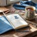 Bathed in sunlight, a wooden table brims with creativity: dress sketches fill an open denim-covered notebook, surrounded by fabrics, threads, leather pieces, and sewing notions—an inviting scene where inspiration meets craftsmanship over a warm cup of tea.