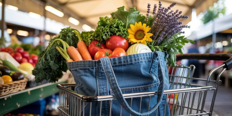 A vibrant outdoor market scene features a sturdy, upcycled denim bag overflowing with fresh vegetables, herbs, and a sunflower—showcasing sustainable shopping amidst colorful local produce.