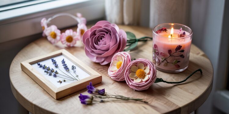 A sunlit wooden table adorned with handmade floral decor—like paper flowers, a pink candle, and a framed lavender sprig—offers charming inspiration for cozy DIY flower crafts.