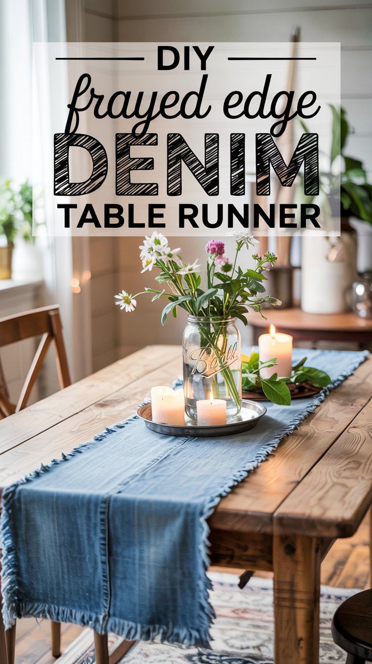 A handmade frayed edge denim table runner on a rustic wood dining table, styled with candles and fresh flowers.