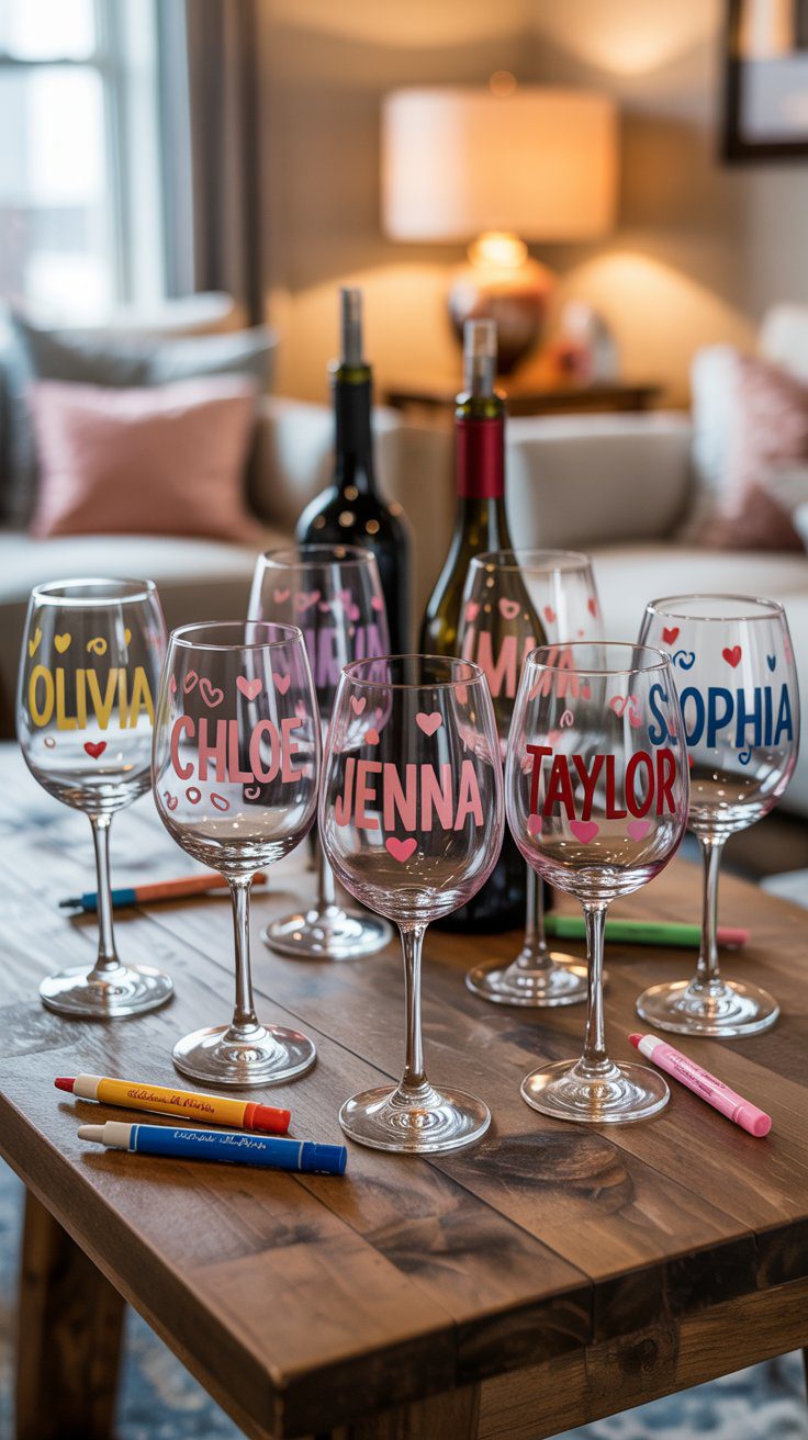 Personalized wine glasses with names and hearts painted on them, next to markers and bottles of wine on a cozy table.
