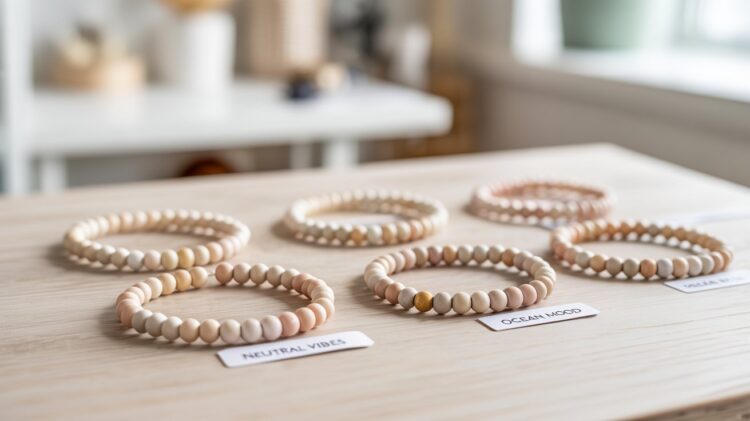 Discover six minimalist beaded bracelets in neutral tones—each with unique names like NEUTRAL VIBES and OCEAN WOOD—perfect for lovers of simple, stylish accessories. Displayed on a light wooden table against a bright, airy backdrop, these bracelets are must-haves for anyone embracing understated elegance.