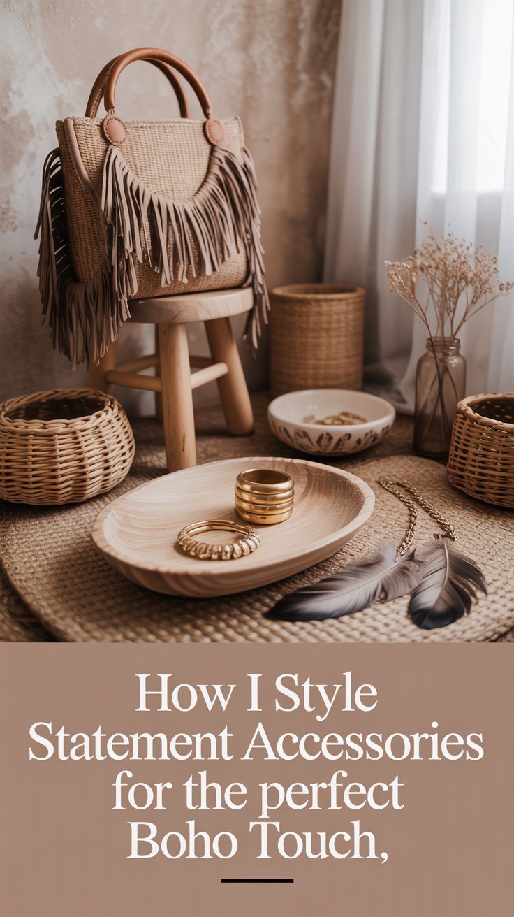 A flat lay of boho statement accessories including a fringe bag, oversized rings, stacked bangles, and feather earrings on a textured linen surface.