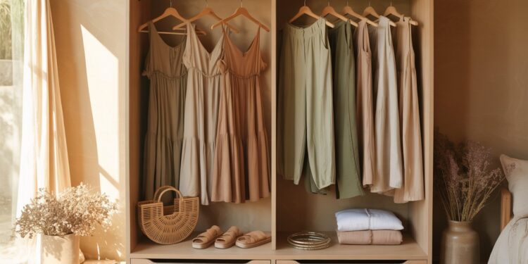 A sunlit open wardrobe showcases neatly hung beige and green boho staples—dresses, tops, and pants—paired with artfully arranged accessories like a wicker bag, sandals, and decorative vases for effortless closet styling.