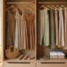 A sunlit open wardrobe showcases neatly hung beige and green boho staples—dresses, tops, and pants—paired with artfully arranged accessories like a wicker bag, sandals, and decorative vases for effortless closet styling.