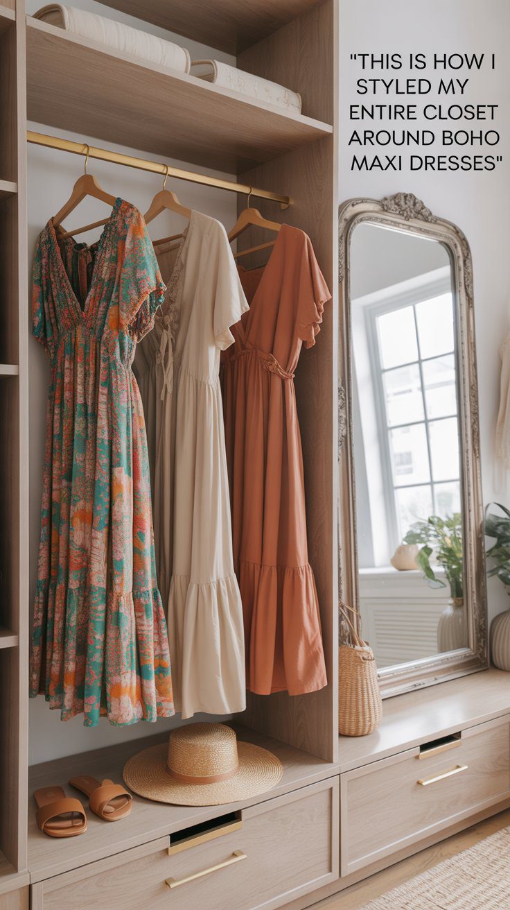 A collection of flowy boho maxi dresses in earthy florals and soft neutrals, hanging in a styled closet.