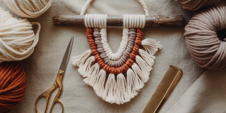 Transform your space with an easy DIY Boho wall hanging—crafted from dollar store supplies in earthy cream, brown, and rust tones, attached to a rustic twig. Surrounded by cozy yarns and simple tools, this charming project brings effortless boho flair to any room.
