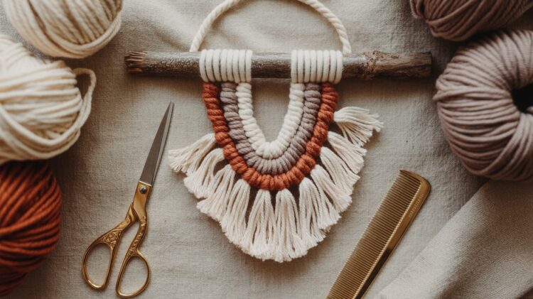 Transform your space with an easy DIY Boho wall hanging—crafted from dollar store supplies in earthy cream, brown, and rust tones, attached to a rustic twig. Surrounded by cozy yarns and simple tools, this charming project brings effortless boho flair to any room.