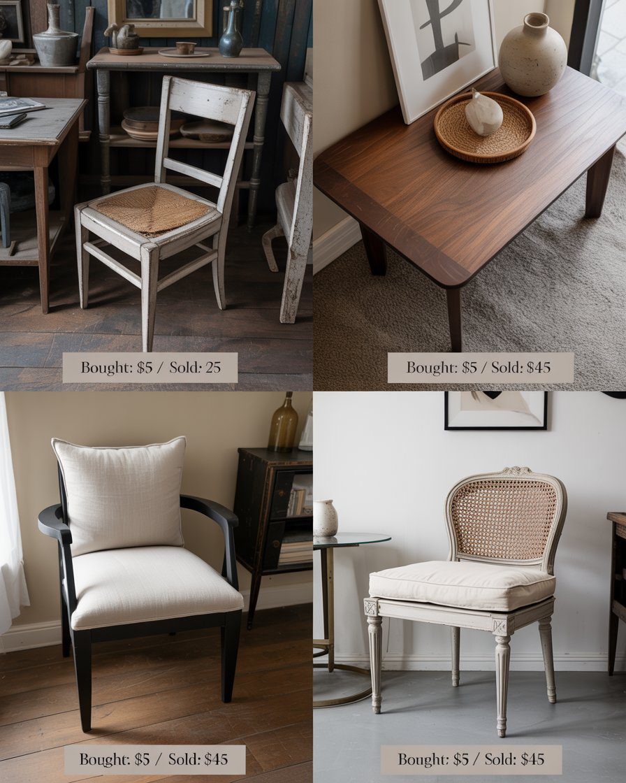 Thrifted furniture bought for $5 and resold for $45 showing the profit margin of flipping.
