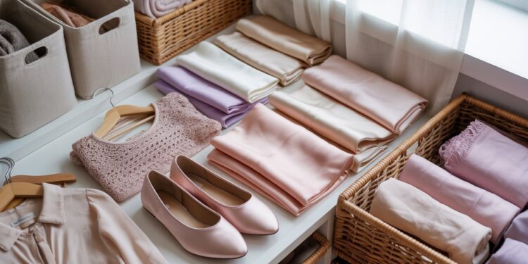 A sunlit closet exudes calm and joy, featuring neatly folded pastel clothes and towels arranged in baskets and on shelves, while delicate pink accents—like ballet flats and a sweater—add a touch of warmth and personality.