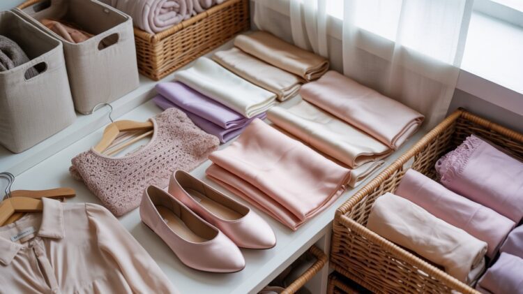 A sunlit closet exudes calm and joy, featuring neatly folded pastel clothes and towels arranged in baskets and on shelves, while delicate pink accents—like ballet flats and a sweater—add a touch of warmth and personality.