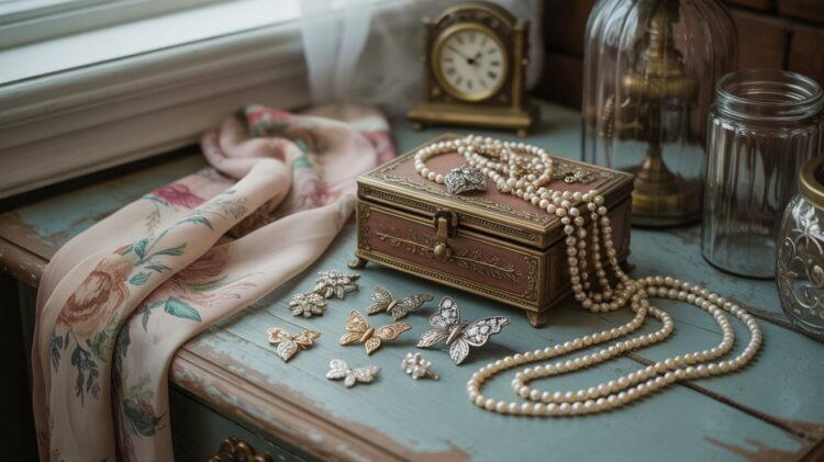 A vintage jewelry box surrounded by pearls, butterfly brooches, and timeless treasures atop a weathered blue dresser embodies the cozy elegance of grandmacore style, all bathed in gentle natural light.