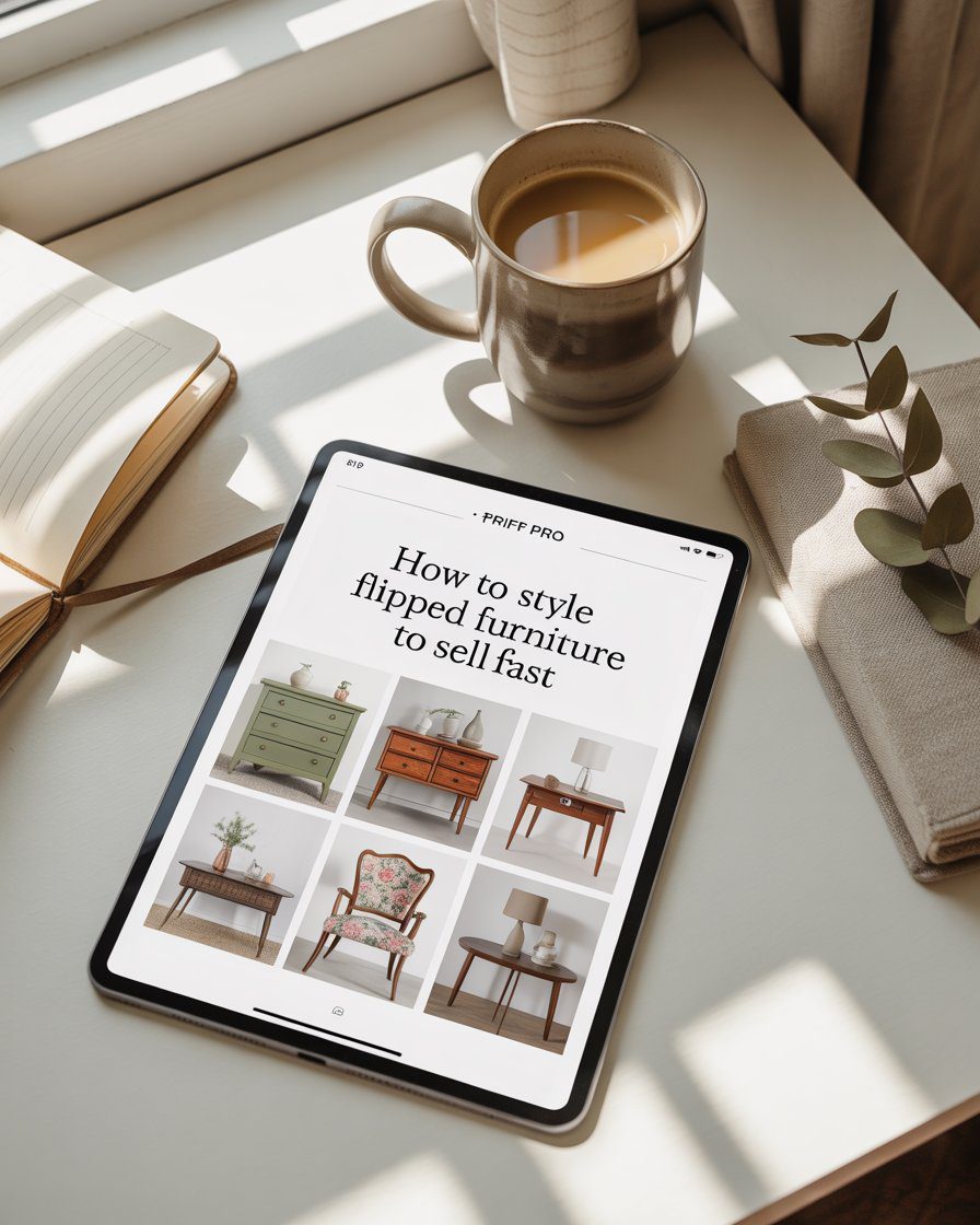 A tablet showing tips for styling flipped furniture to sell quickly.