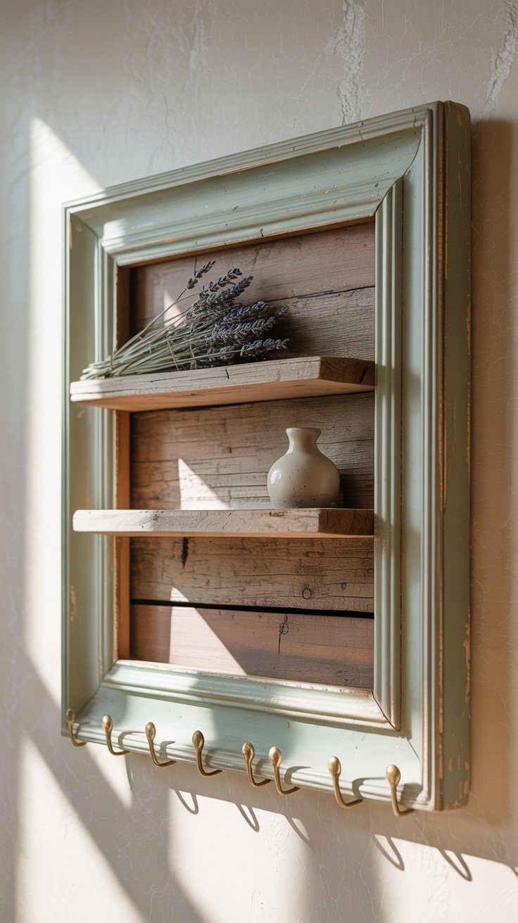 A thrifted wooden frame turned into a vintage-style wall shelf with distressed finish.