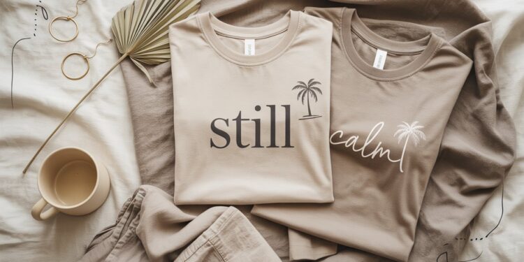 Two stylish, neutral-toned t-shirts—each featuring soothing palm tree designs and the words still and calm—are artfully arranged alongside chic accessories like gold earrings, a coffee cup, and a dried palm leaf, evoking a serene vibe perfect for effortless, mindful living.