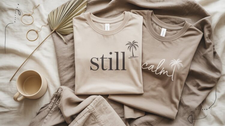 Two stylish, neutral-toned t-shirts—each featuring soothing palm tree designs and the words still and calm—are artfully arranged alongside chic accessories like gold earrings, a coffee cup, and a dried palm leaf, evoking a serene vibe perfect for effortless, mindful living.