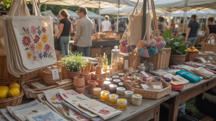 Discover handmade summer crafts—embroidered totes, pottery, candles, woven baskets, and potted plants—as shoppers browse vibrant market stalls under sunlit white tents at the farmers market.