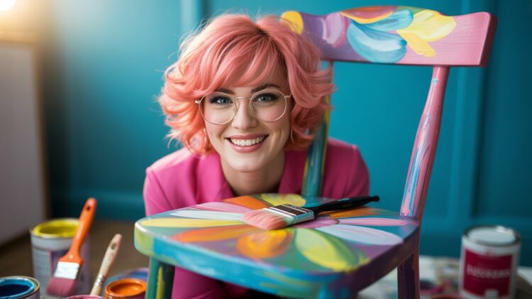 A creative entrepreneur with bright pink hair and glasses brings old furniture to life, transforming pieces into colorful works of art in her lively studio—a testament to her passion for artistic furniture flipping as a thriving side hustle.