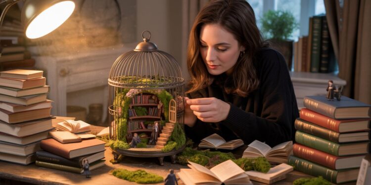 In her warmly lit study, a woman finds inspiration at a desk lined with books, captivated by a birdcage reimagined as an enchanting DIY Book Nook. Inside, miniature shelves and tiny figurines create a magical library scene—inviting creativity, imagination, and the wonder of literary worlds into her everyday life.