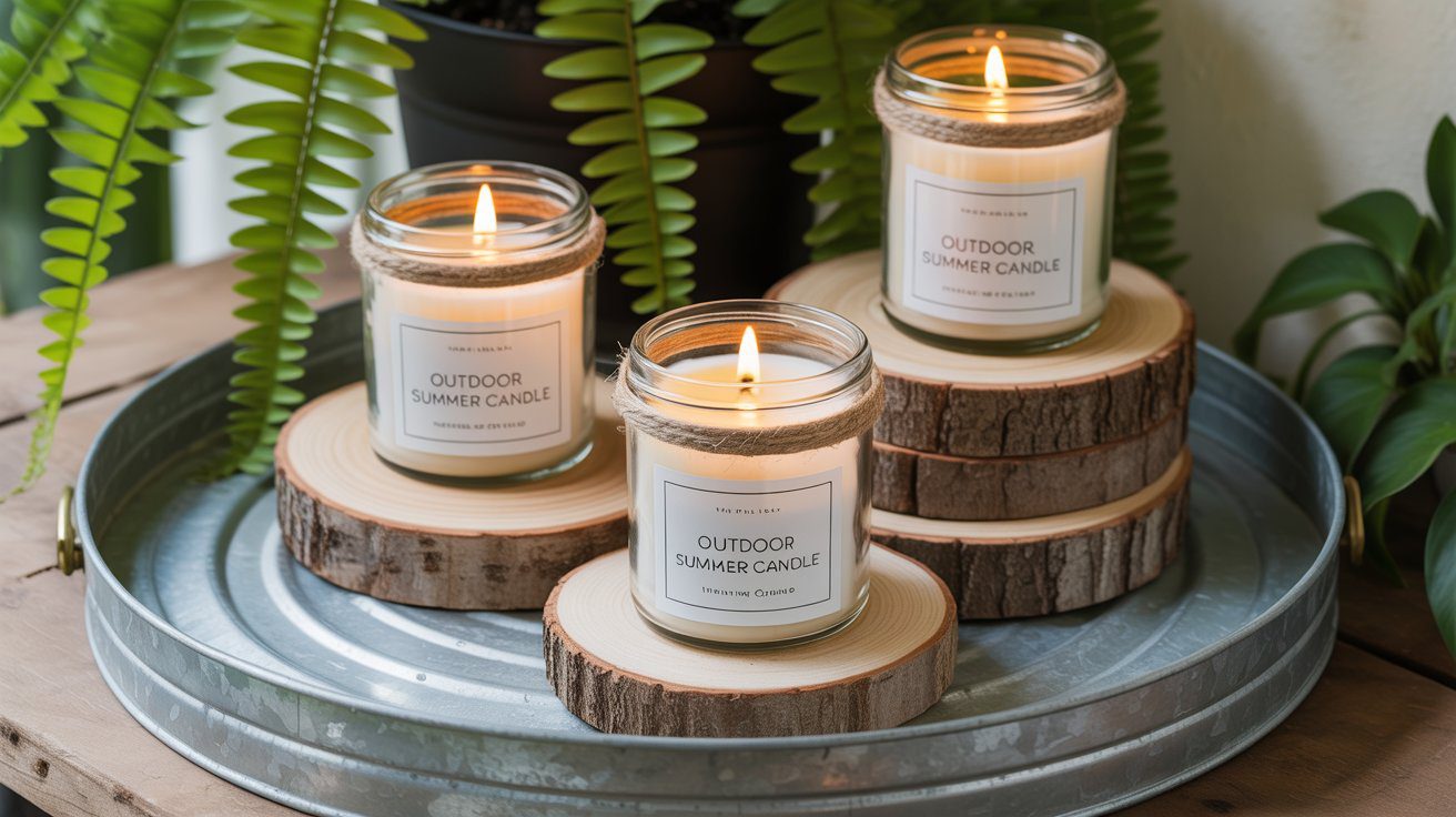 Three glowing outdoor candle jars rest on wooden coasters amidst lush greenery, offering cozy summer inspiration for crafts or farmers market finds.