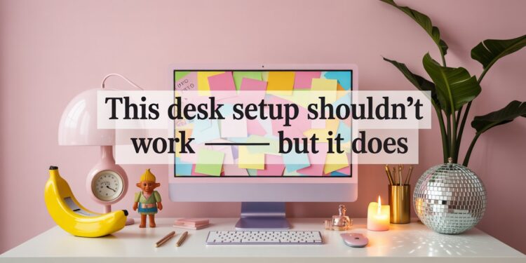 A playful pastel desk features a sticky-note-clad pink monitor and an eclectic mix of gadgets—from a banana phone to a disco ball—proving that unconventional setups can spark surprising productivity.