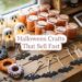 A festive wooden table showcases creative Halloween crafts—like ghost lights, bat keychains, scrunchies, and DIY jars—alongside crafting supplies, all beneath the headline “Halloween Crafts That Sell Fast.” This eye-catching display highlights popular, easy-to-make projects perfect for seasonal sales.