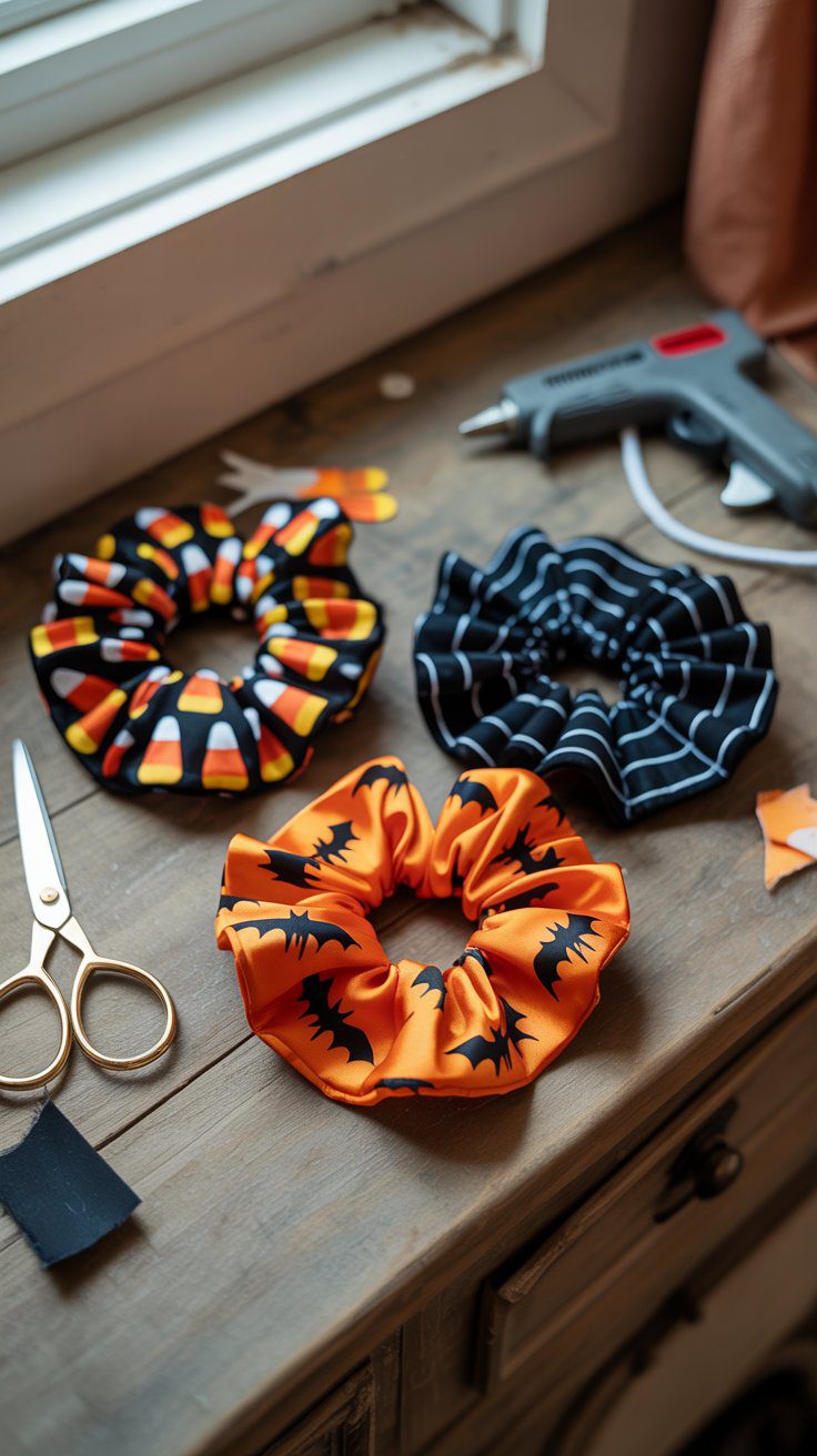 Festive scrunchies featuring candy corn, spiderwebs, and bats alongside craft essentials like gold scissors and a hot glue gun.