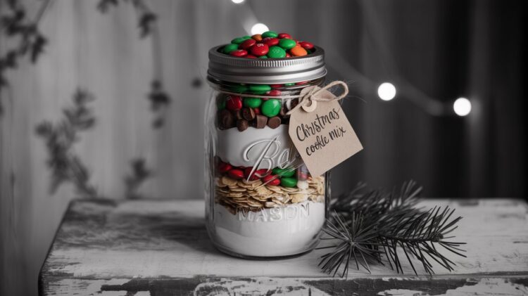 DIY Christmas Cookie Mix Gift in a Jar with Festive Candies – Easy Holiday Mason Jar Baking Gift Idea for Christmas Gifting.