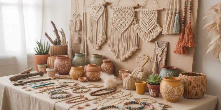 Boho Home Decor Ideas: Macramé Wall Hangings, Handmade Pottery, Beaded Jewelry, Woven Baskets & Succulent Display Inspiration.