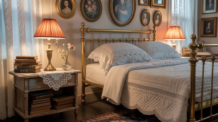 Vintage Bedroom Inspiration: Cozy Brass Bed, Lace Curtains, Antique Decor & Bookish Nightstand Ideas for Charming Home Interiors.